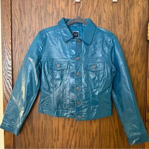 ✨NWT GAP Blue Genuine Leather Jacket Eclectic Boho Bold Cerulean Blue Leather
